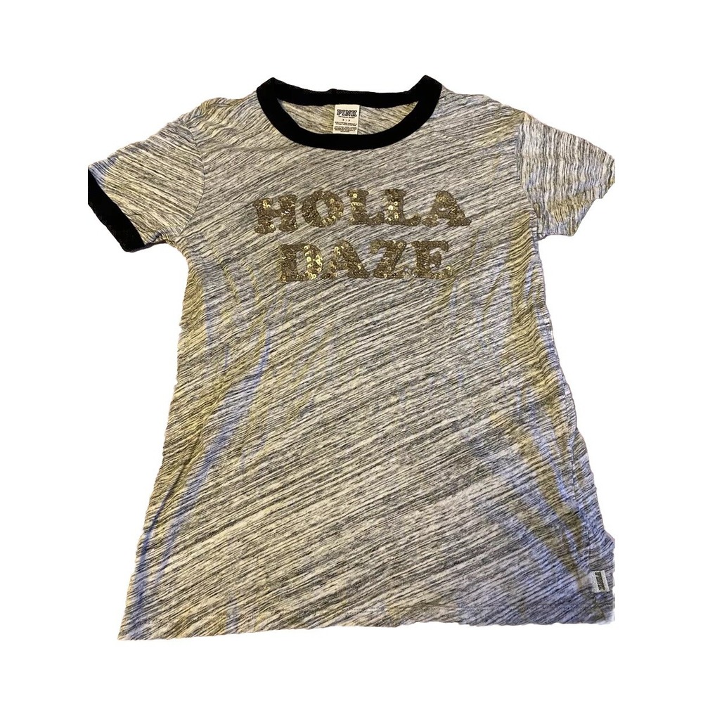 VS PINK Cotton Holla Daze Sequin‎ Short Sleeve Top Small S Gray Holiday Bling